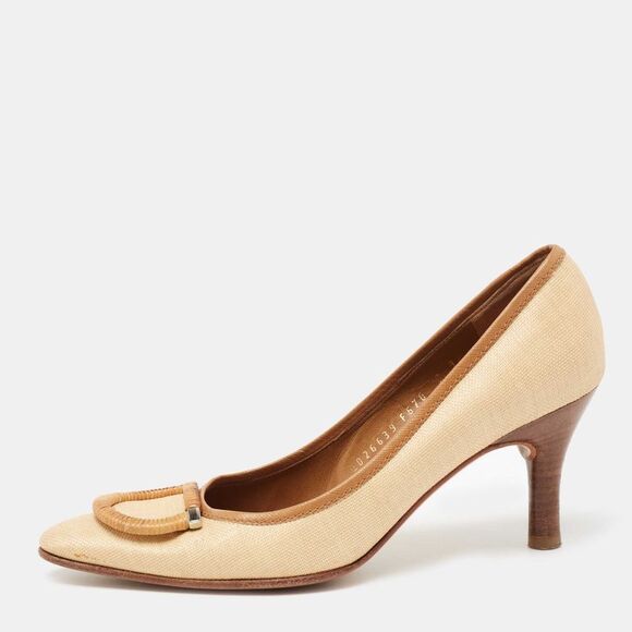 Salvatore Ferragamo Shoes - Salvatore Ferragamo Beige/Brown Woven Canvas And Leather Pumps Size 37.5